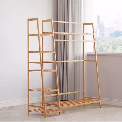 Bamboo Heavy Duty Clothes Rack with top shelf and 2-tier organiser shelves