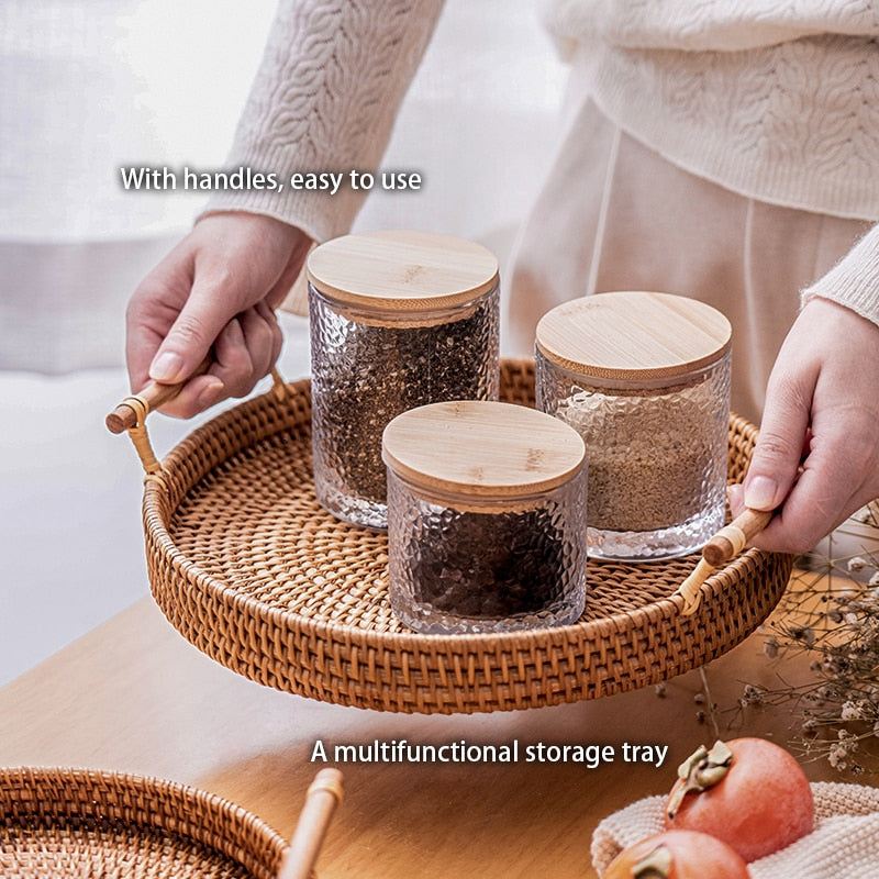 Handwoven Rattan Storage Tray With Wooden Handle - Forplanetsake