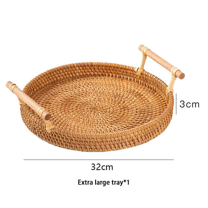 Handwoven Rattan Storage Tray With Wooden Handle - Forplanetsake