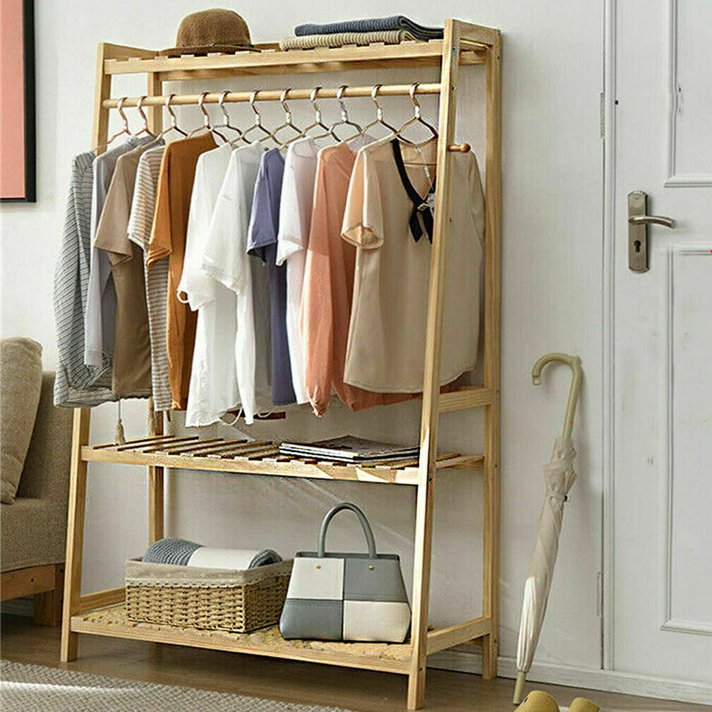 Bamboo Heavy Duty Clothes Rack with top shelf and 2-tier organiser shelves - Forplanetsake