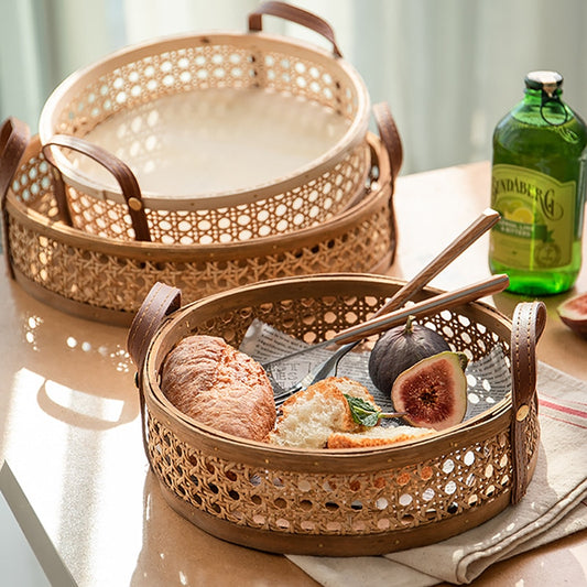 Hand-Woven Round Rattan Storage Basket, Fruit and Snacks Serving Tray with Handles - Forplanetsake
