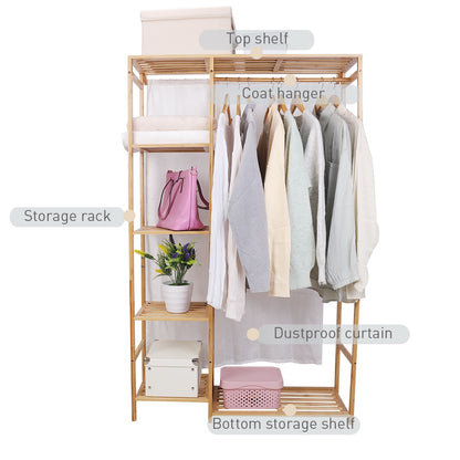 Bamboo Wood Clothing Rack with Shelves, Hanging Rack and Shoe Storage