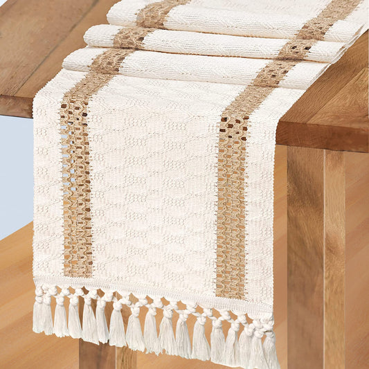 Macrame Boho Table Runners with Tassels and Natural Cotton Burlap Splicing