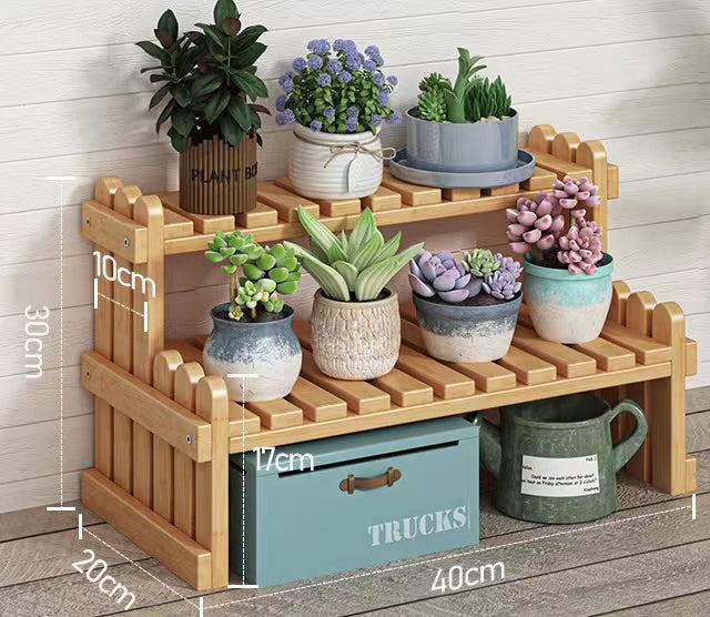 Two Tiers Bamboo Plant Stand, Desk Flower Pot Holder, Adjustable Desktop Shelf, Organiser Ladder Rack for Office - Forplanetsake