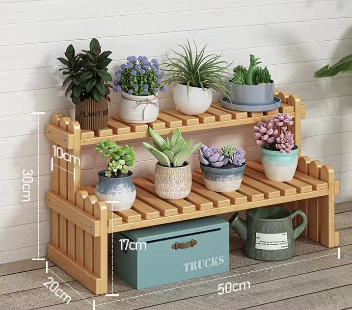 Two Tiers Bamboo Plant Stand, Desk Flower Pot Holder, Adjustable Desktop Shelf, Organiser Ladder Rack for Office - Forplanetsake