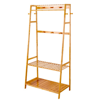 Bamboo Heavy Duty Clothes Rack with top shelf and 2-tier organiser shelves