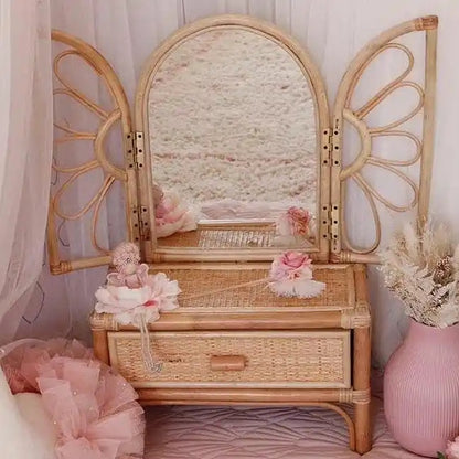 Butterfly Pattern Tiny Rattan Dressing Table for Kids - Forplanetsake
