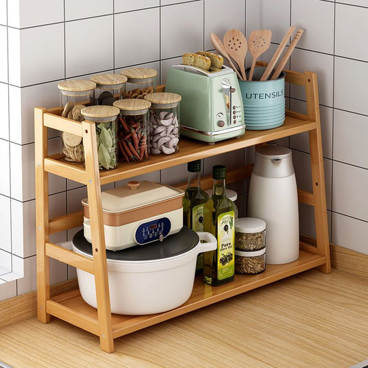 Natural Bamboo Two-Tier Kitchen Multifunctional Shelving Storage for Spices, Condiments, Mugs, Pots and Pans