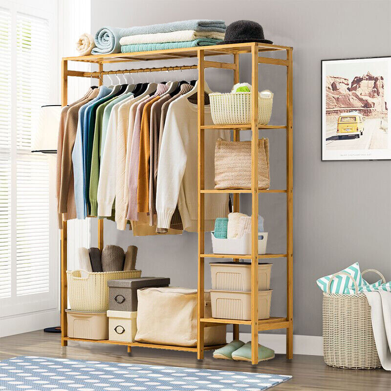 Bamboo Wood Clothing Rack with Shelves, Hanging Rack and Shoe Storage