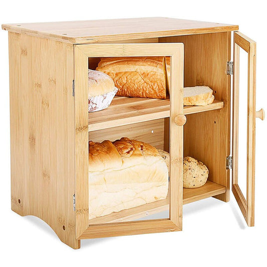 Double Door Dustproof Bamboo 2-Tier Bread Box and Seasoning Locker Simple Household Food Storage Box - Forplanetsake