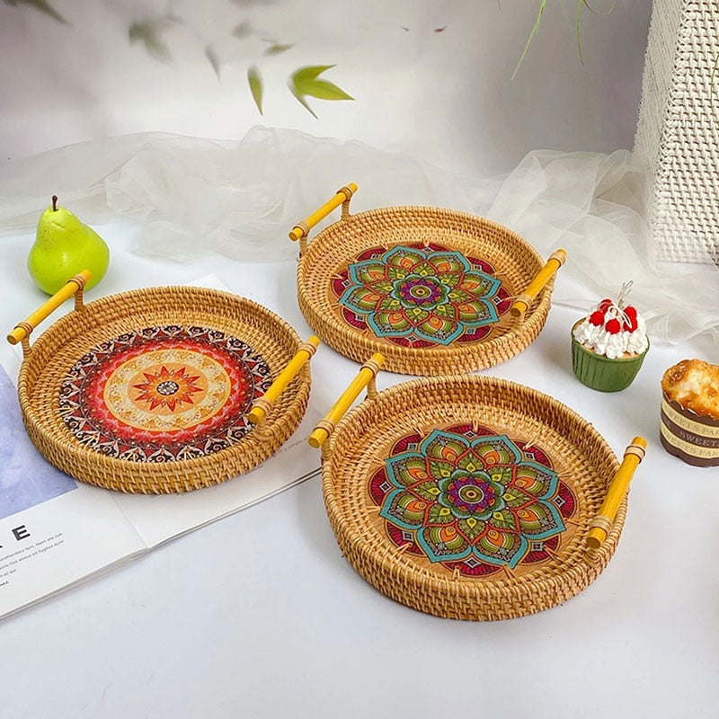 Handwoven Rattan Decorative Dinner Serving Trays and Picnic Basket - Forplanetsake