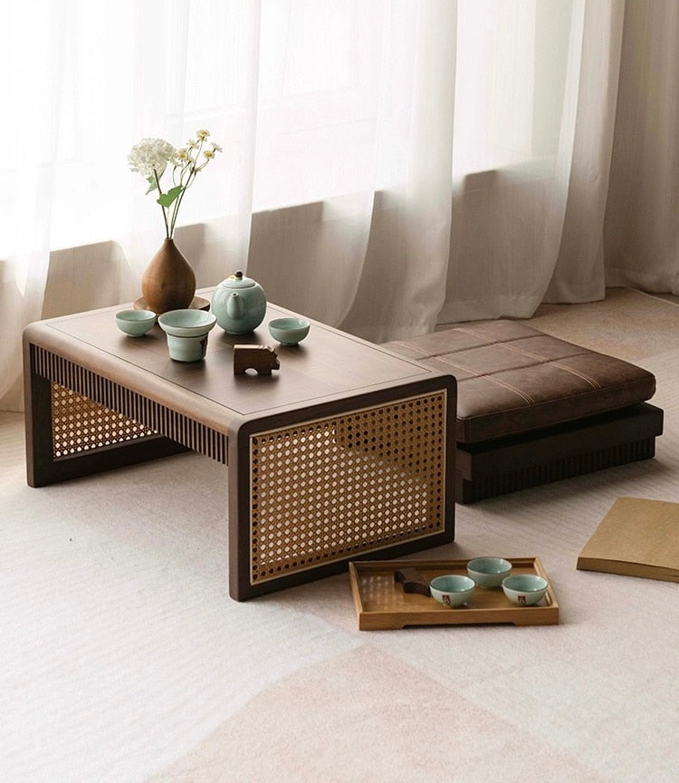 Solid Walnut Wood & Rattan Small Low Height Coffee Table - Forplanetsake