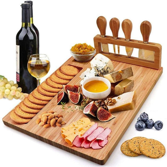 Bamboo Cheese Board with Cheese Knife, Slicer Fork, Scoop
