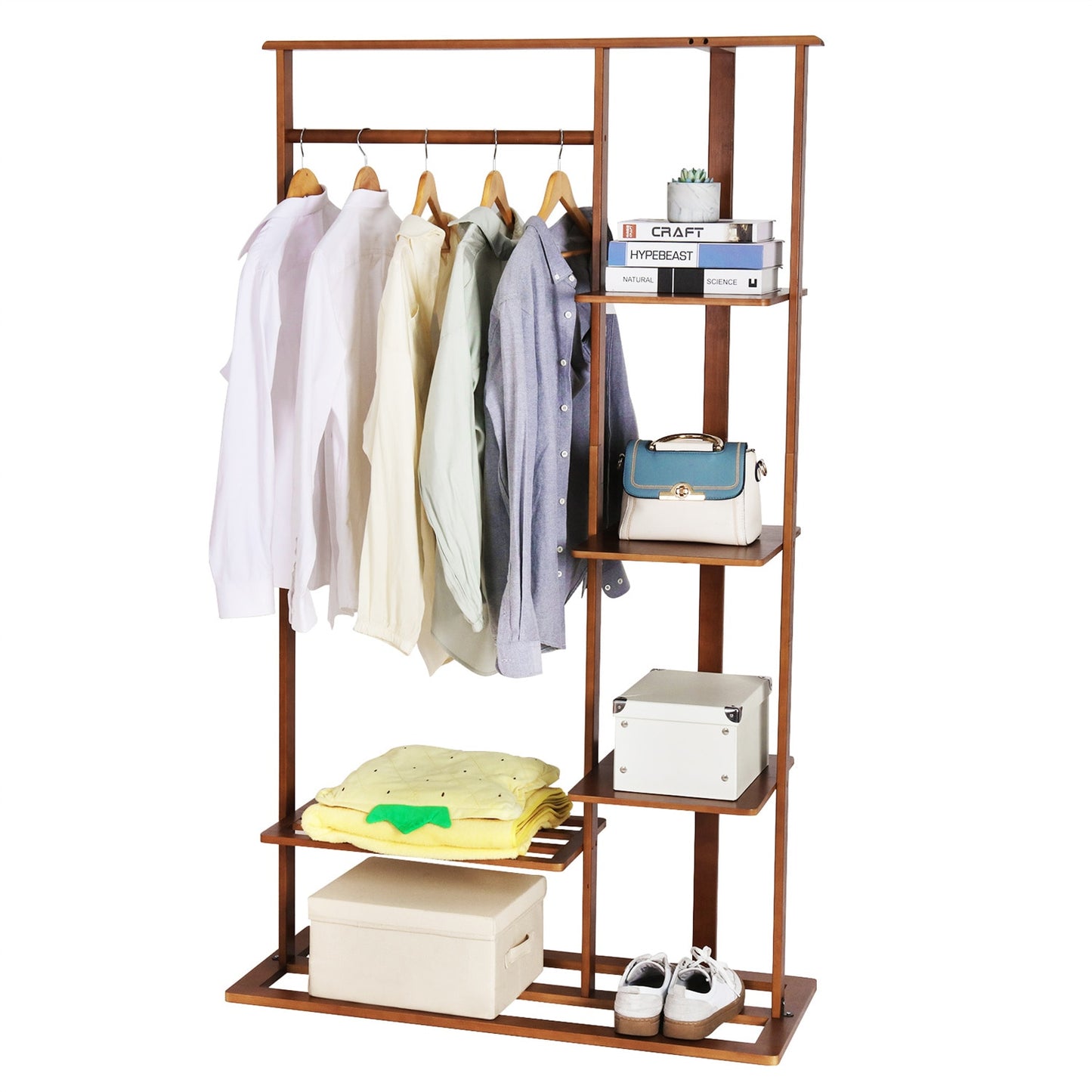 3-in-1 Bamboo Heavy Duty Clothes Rack with Hanging Rod, Shelves & Shoe Bench