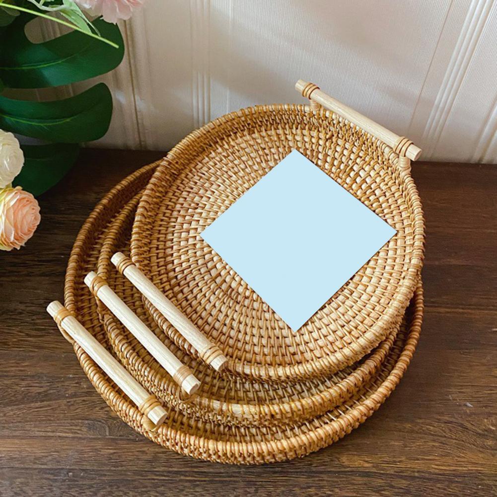 Rattan Storage/Serving Tray with Wooden Handle, Ecofriendly Bread/Fruit/Cake/Food Serving