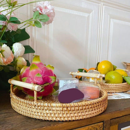 Rattan Storage/Serving Tray with Wooden Handle, Ecofriendly Bread/Fruit/Cake/Food Serving - Forplanetsake