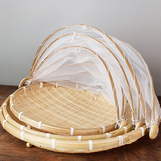 Hand-Woven Food Serving Basket, Vegetable and Bread Basket with Mesh Net Cover to keep insects away