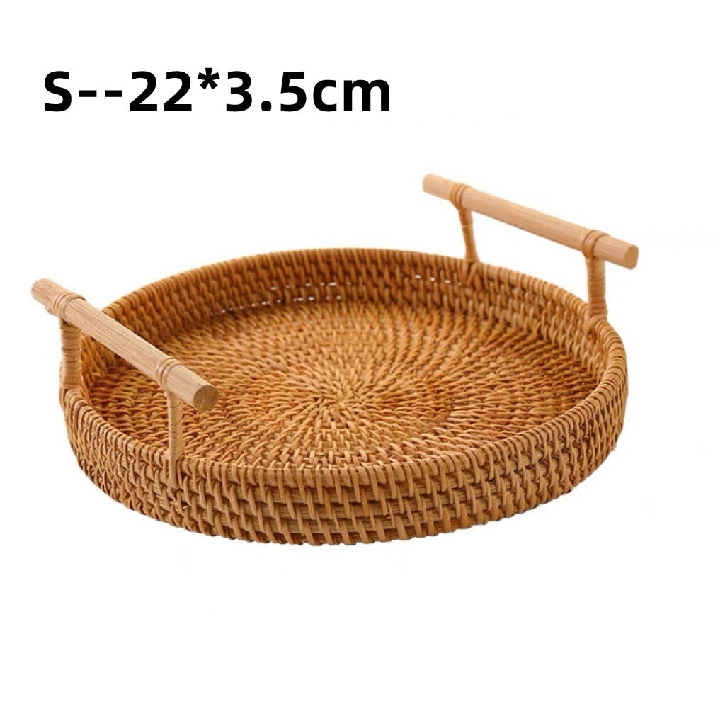 Rattan Storage/Serving Tray with Wooden Handle, Ecofriendly Bread/Fruit/Cake/Food Serving - Forplanetsake