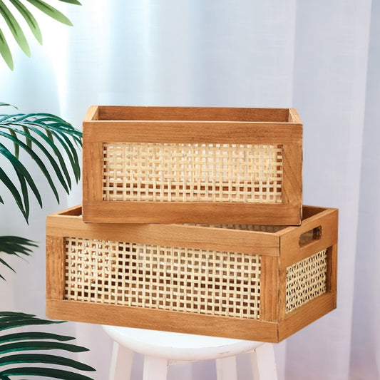 Vintage solid wood storage basket with bamboo rattan mesh design